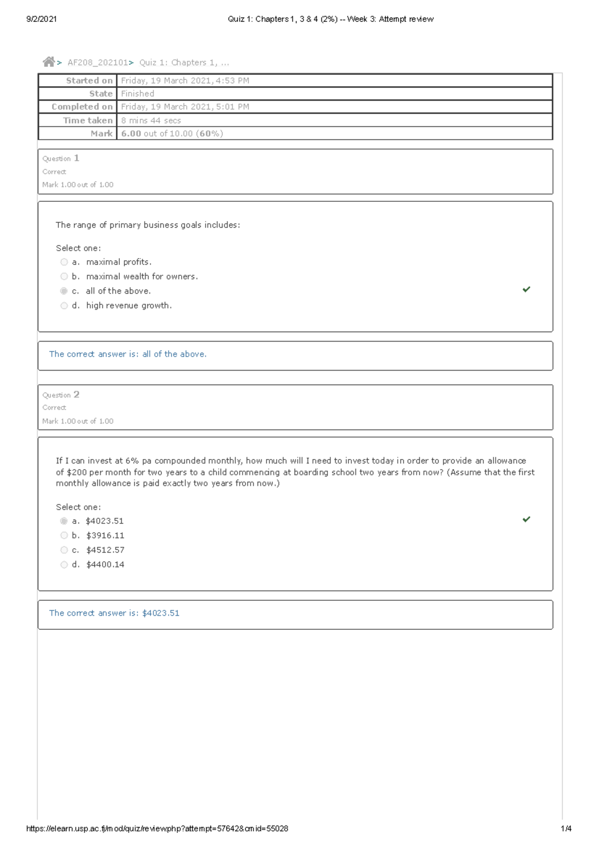 Quiz 1 Chapters 1, 3 & 4 (2%) - Week 3 Attempt review 1 - Started on ...