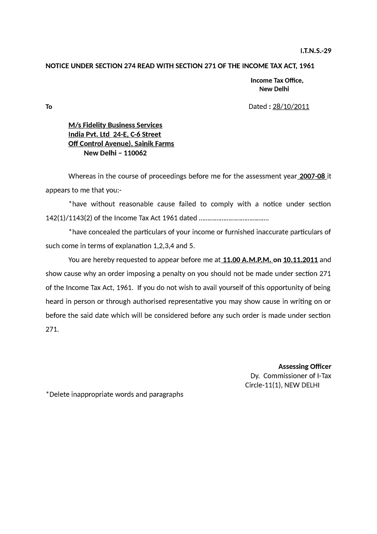 Notice Under Section 274 READ WITH Section 271 OF THE Income TAX ACT ...