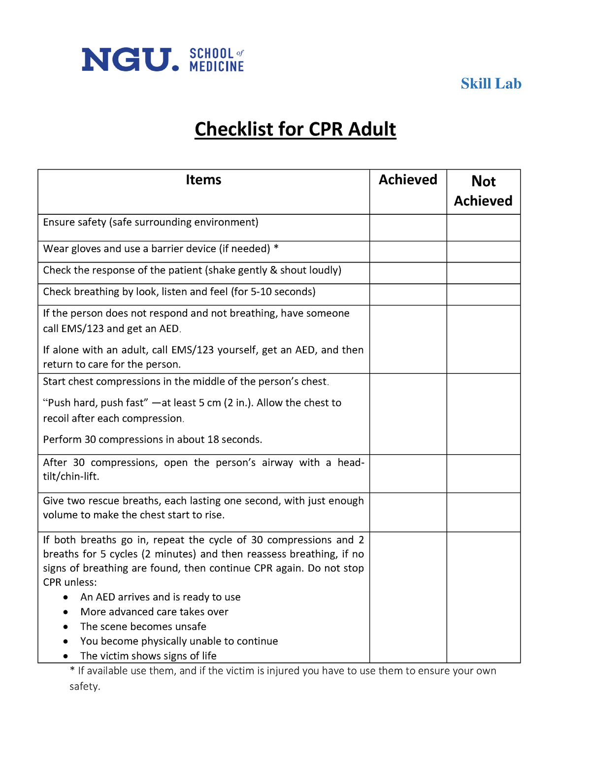 10 2 2 Check List CPR Skill Lab Checklist For CPR Adult Items 