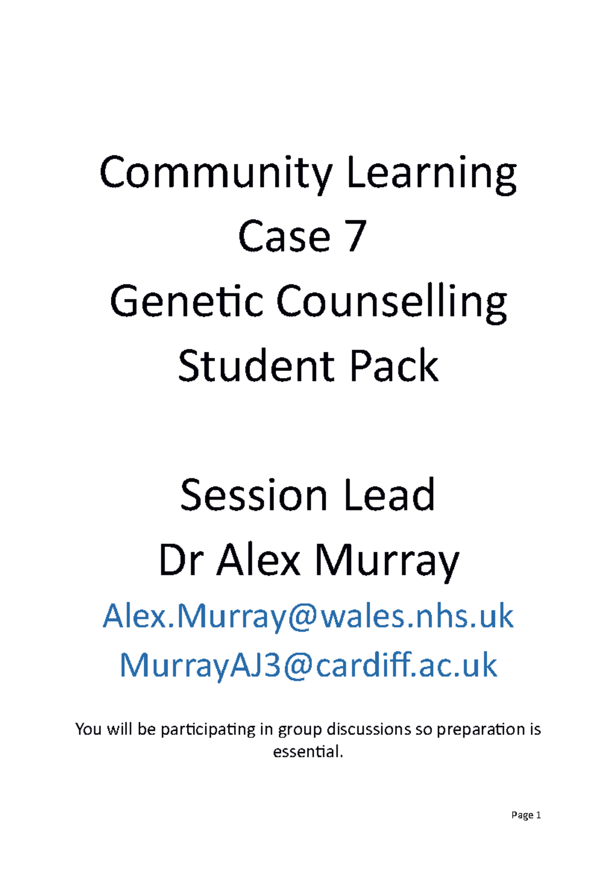 Genetic councelling student pack - Community Learning Case 7 Genetic ...