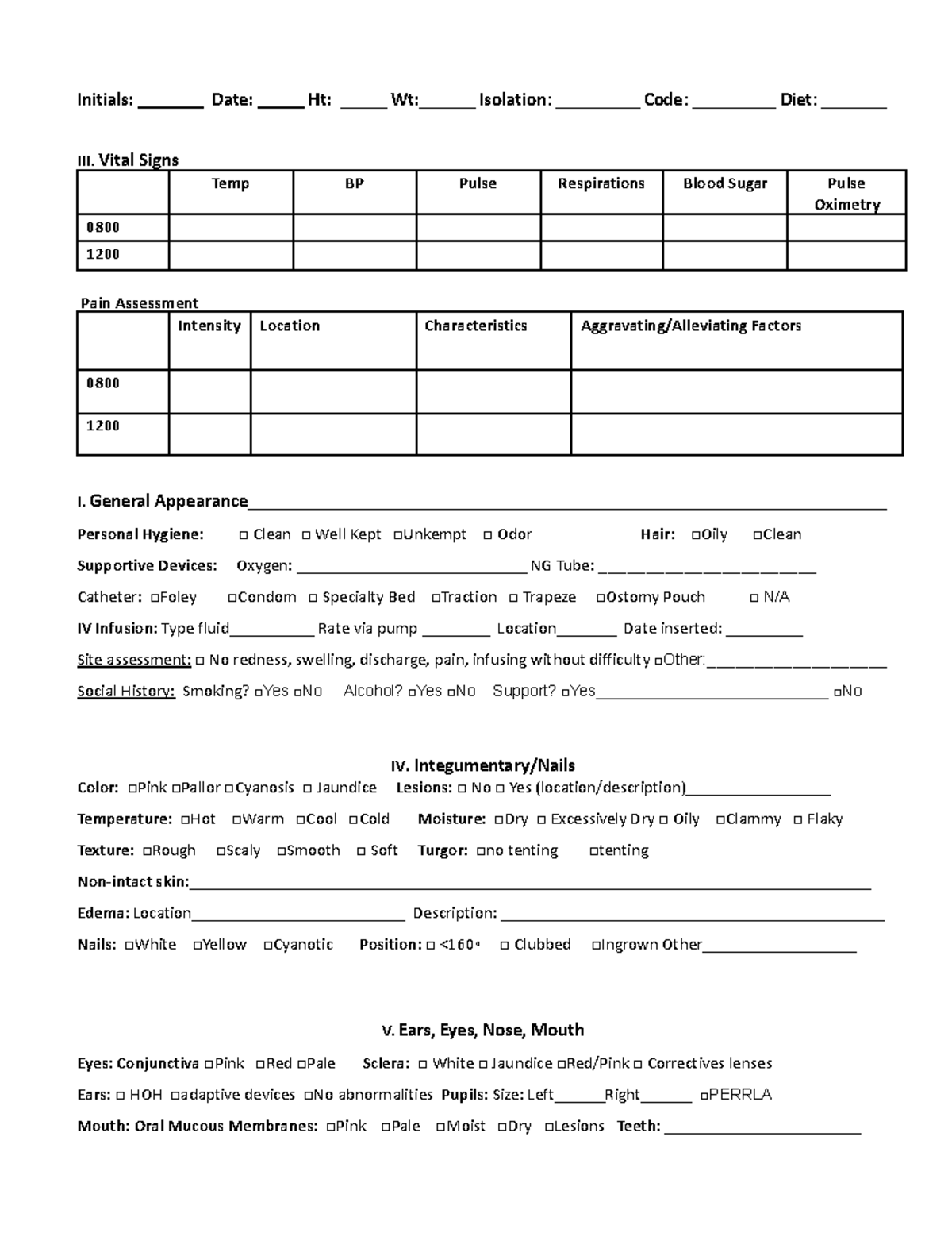 Physical Assessment Form - Initials: _______ Date: _____ Ht: _____ Wt ...