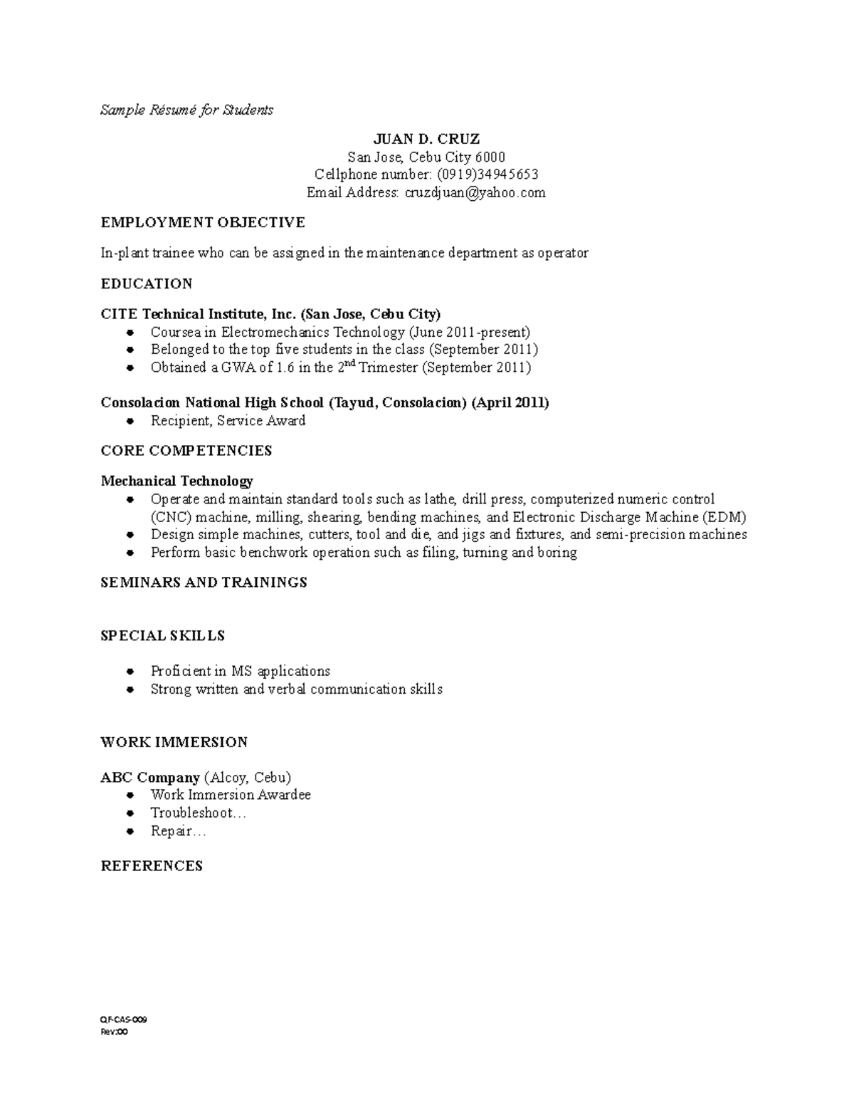 Sample Resume.docx - KKJKJKJ - Sample Résumé for Students JUAN D. CRUZ ...