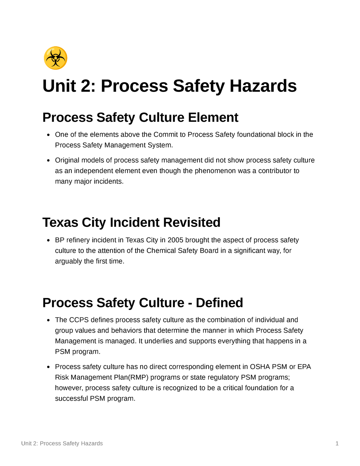 Process Safety Hazards - ☣ Unit 2: Process Safety Hazards Process ...