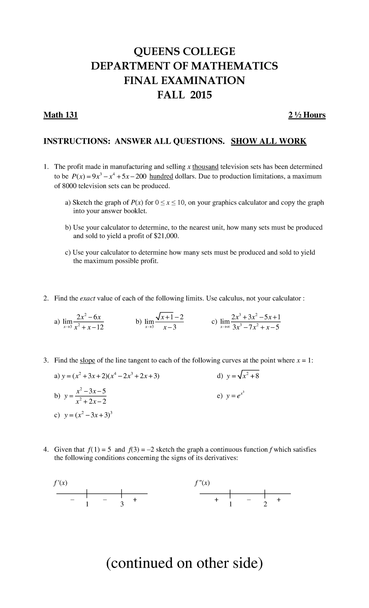 Exam Autumn 2015 Questions Math 131 Qc Cuny Studocu