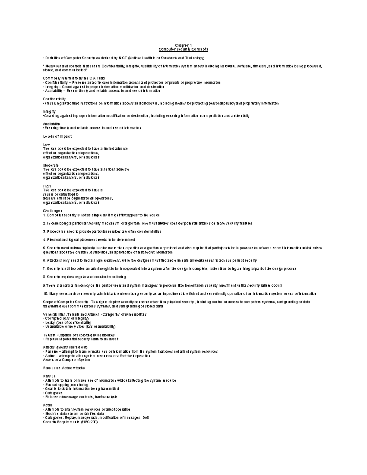 CPSC 253 Notes - Chapter 1 Computer Security Concepts Definition of ...