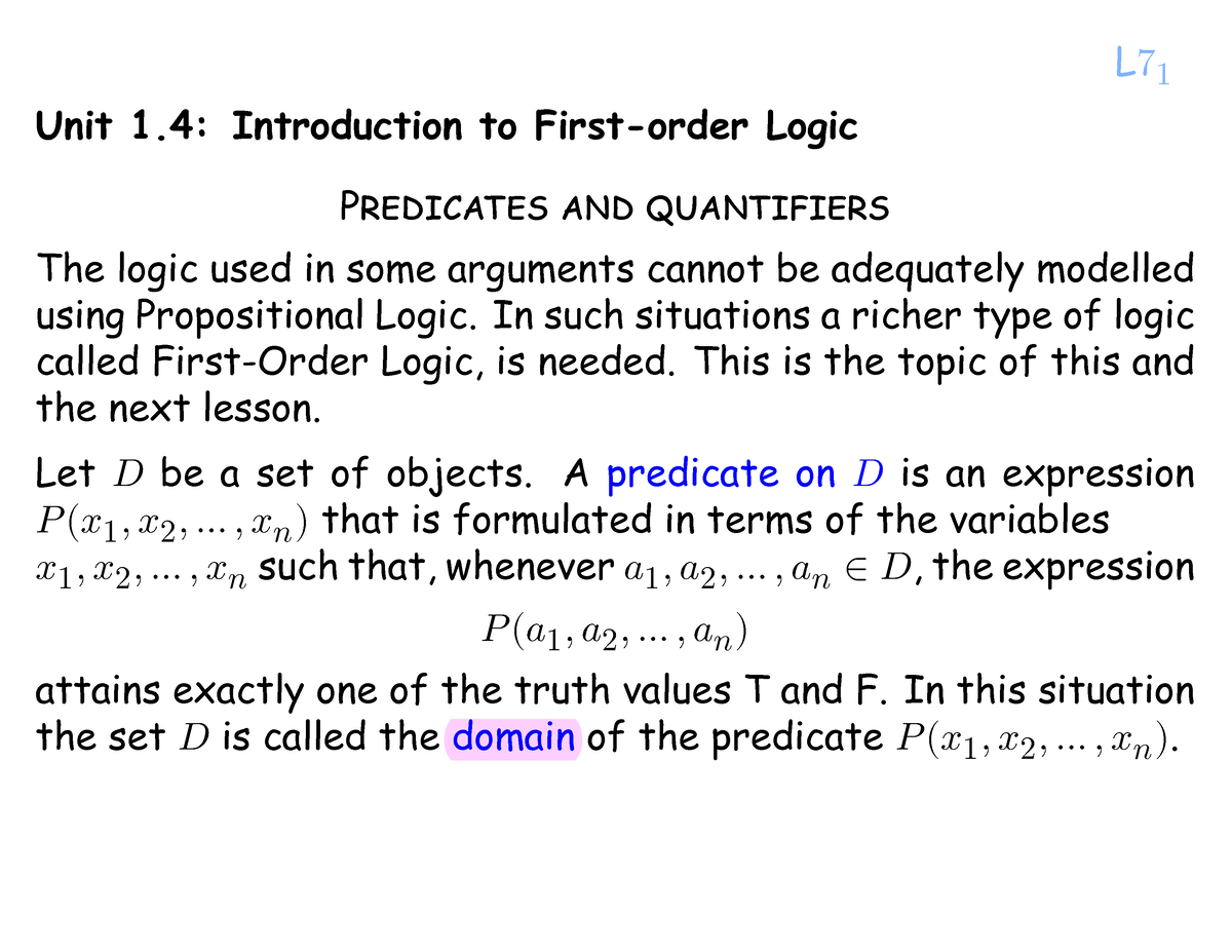 L7 First Order Logic - Unit 1: Introduction To First-order Logic ...