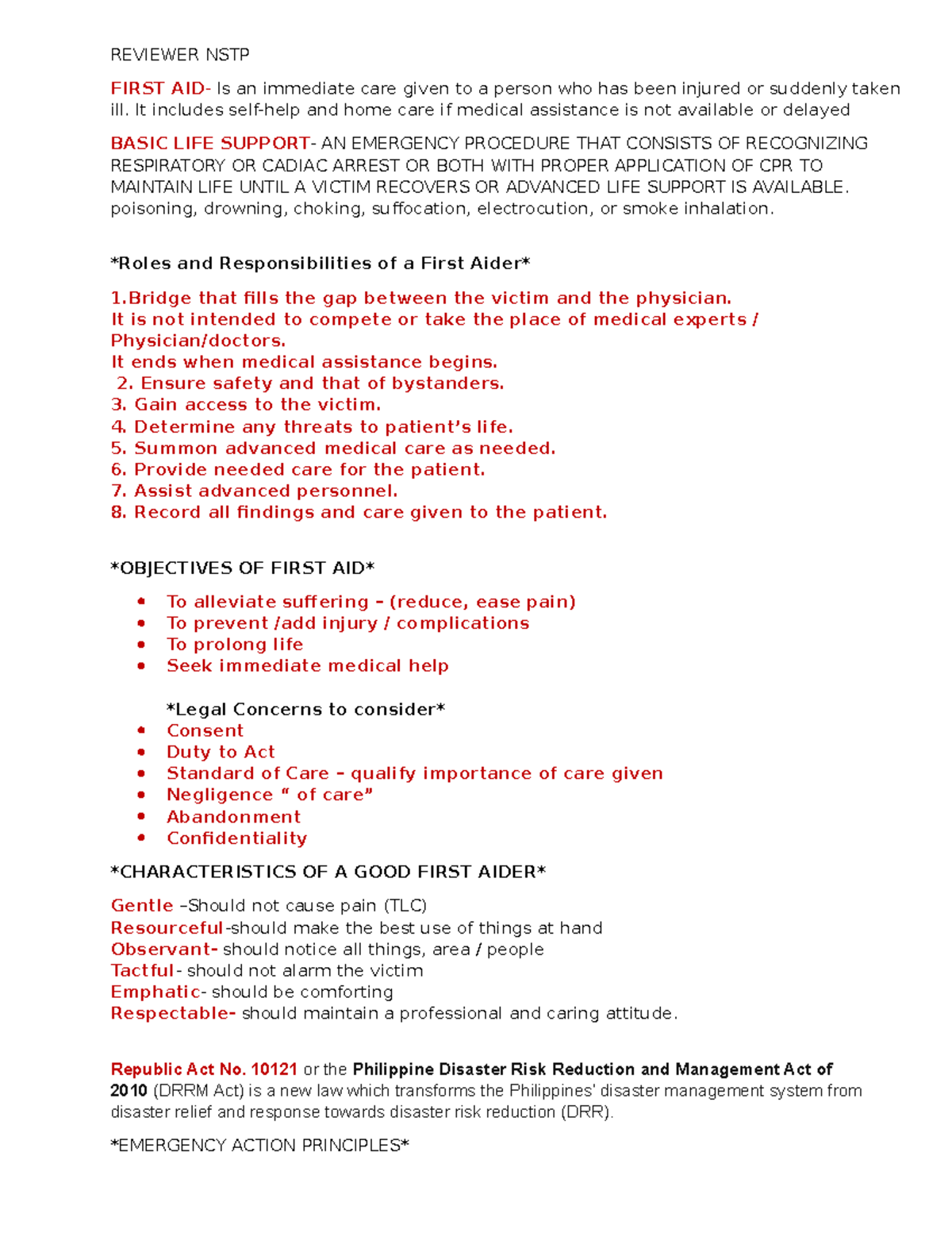 Reviewer NSTP - REVIEWER NSTP FIRST AID- Is an immediate care given to ...