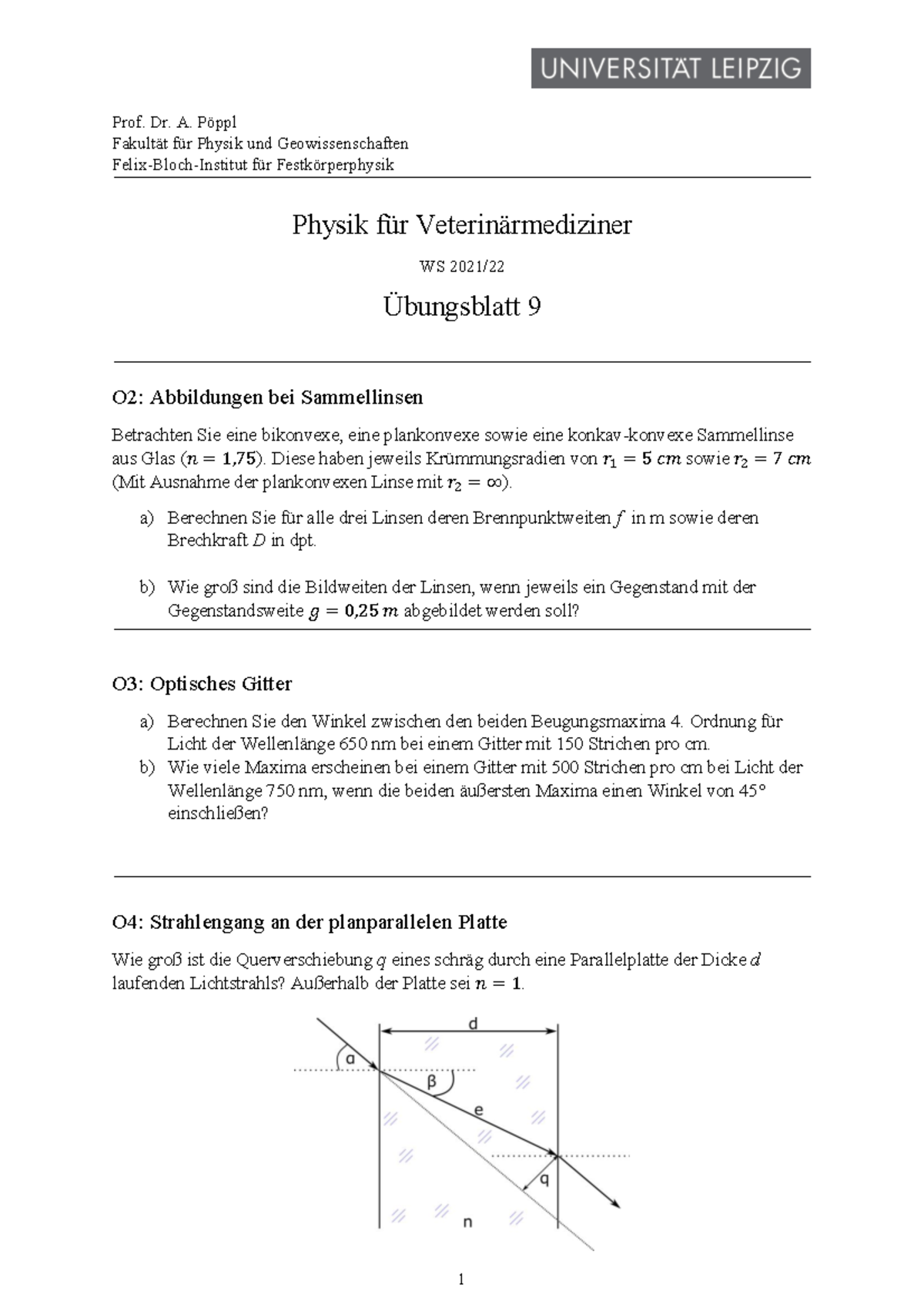 Physik Hausaufgabe 9 - 1 Prof. Dr. A. Pöppl Fakultät Für Physik Und ...