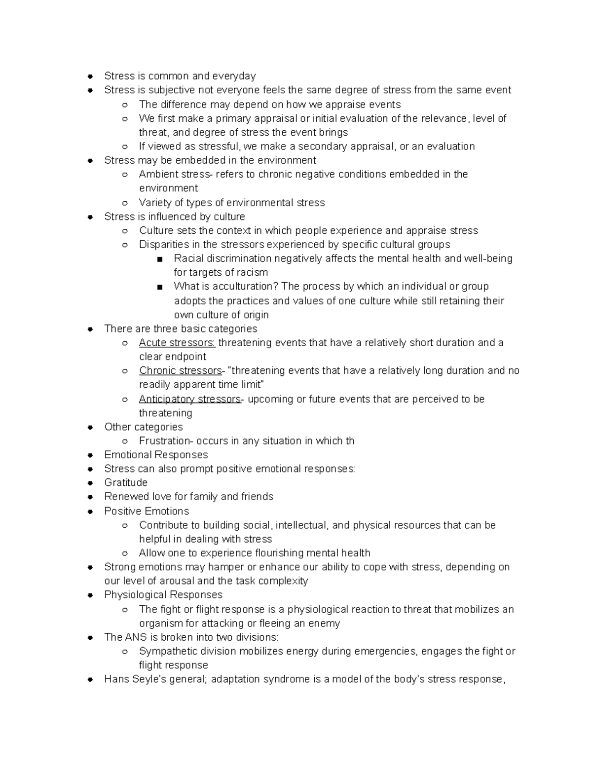 PSY 103 Stress Notes - Stress is common and everyday Stress is ...