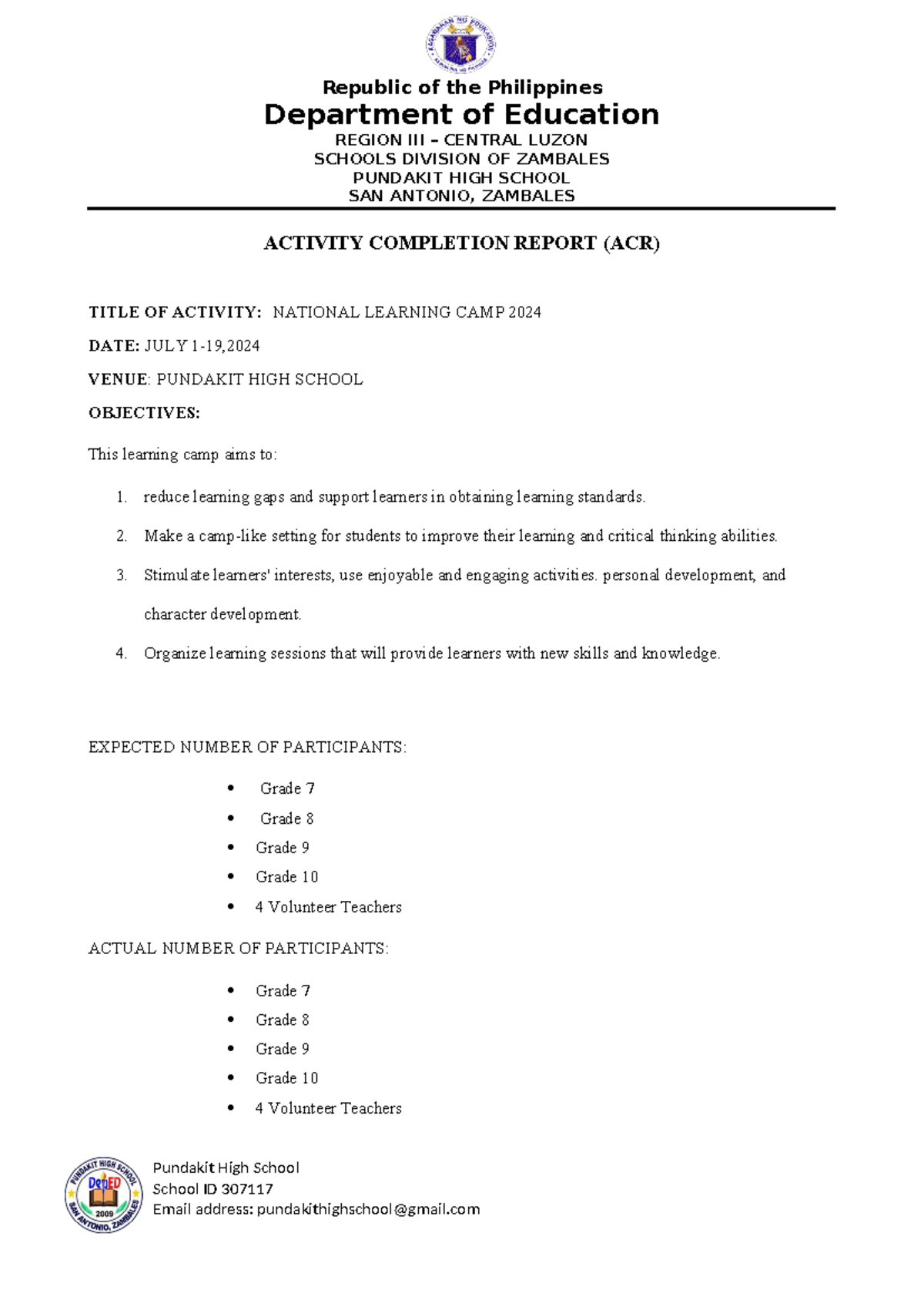 ACR-NLC PHS-2024 - National Learning Camp sample ACR - Department of ...