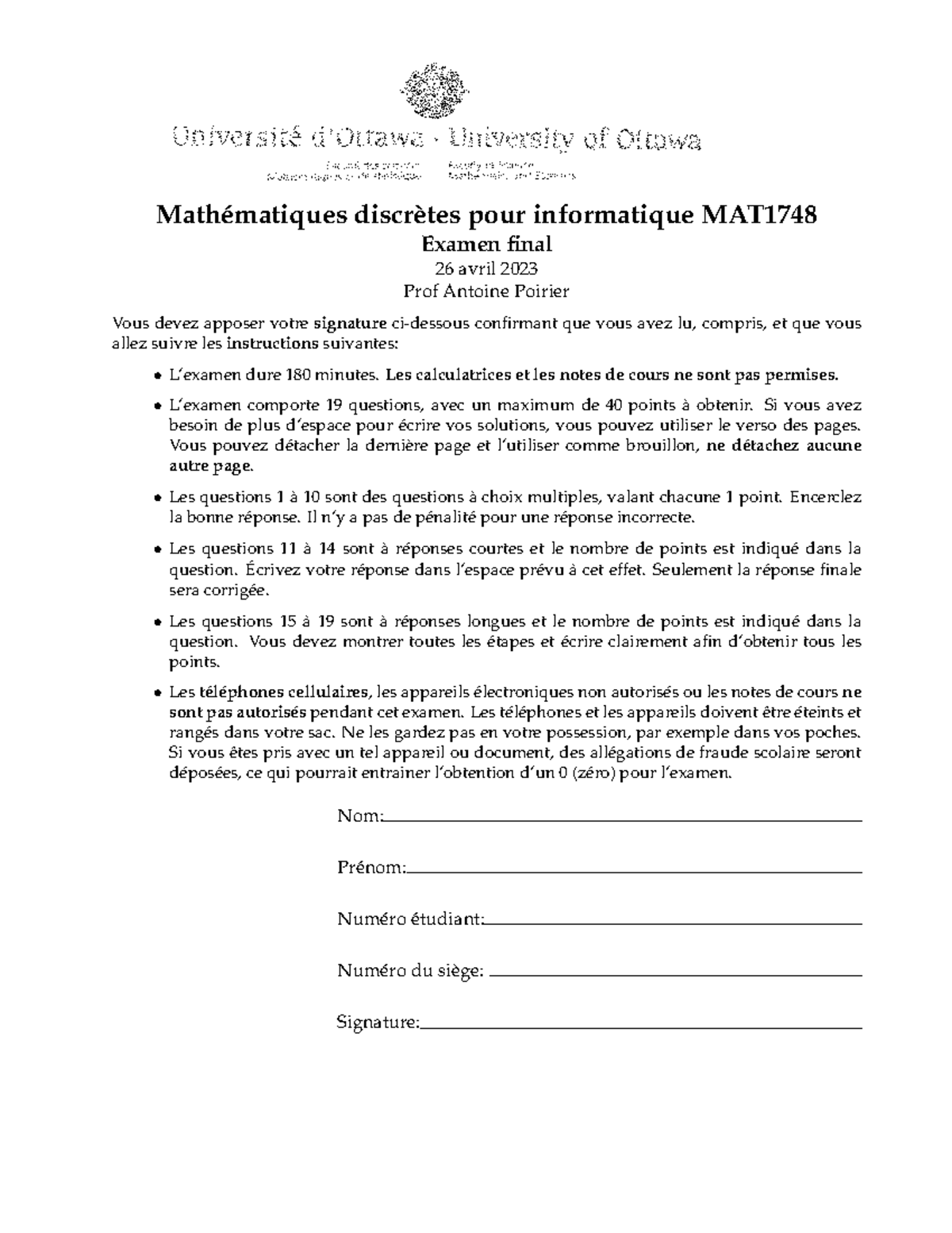 Examen final french math ematiques discr etes pour informatique