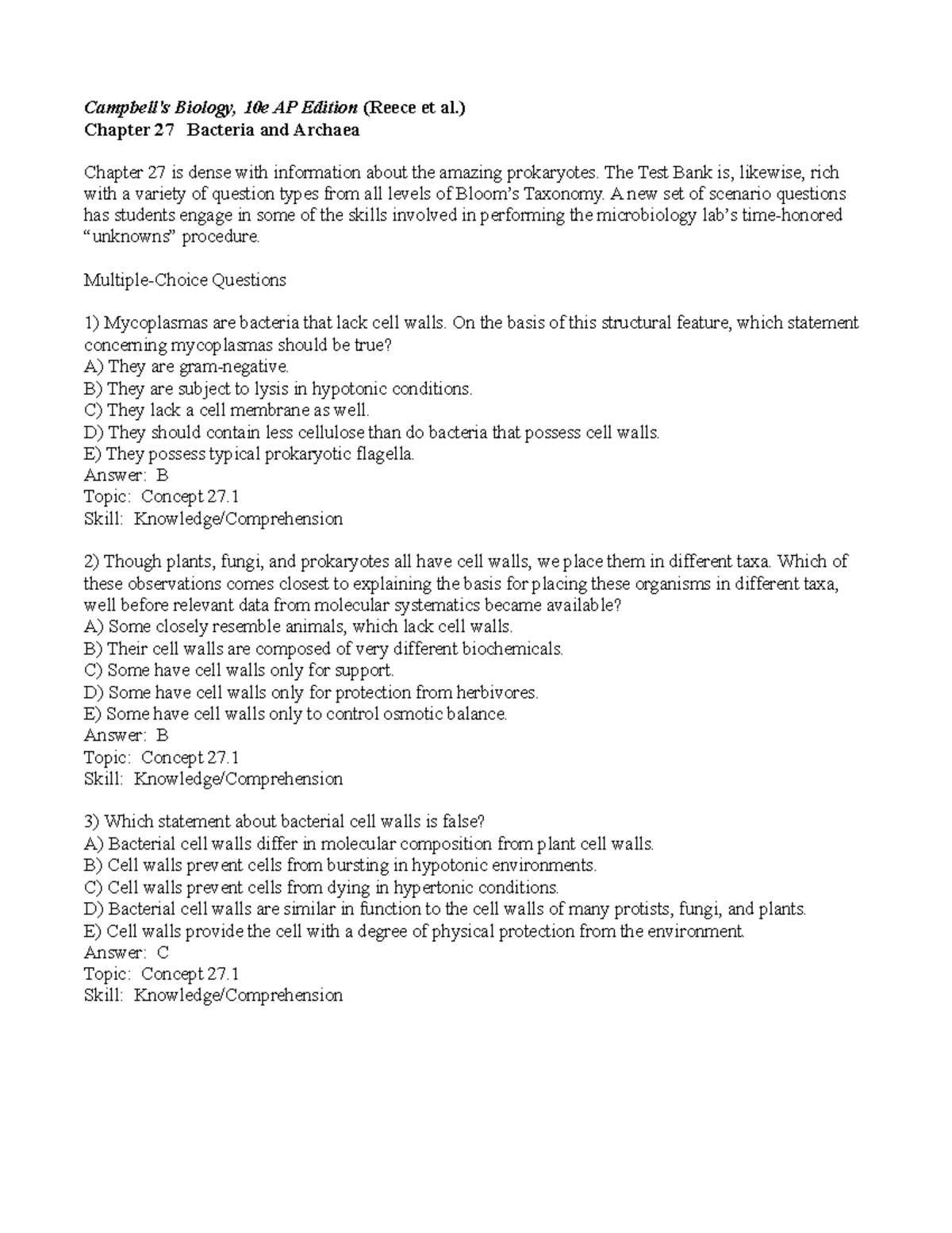 Exam 13 October 2018, questions and answers - Campbell's Biology, 10e AP Edition (Reece et al ...