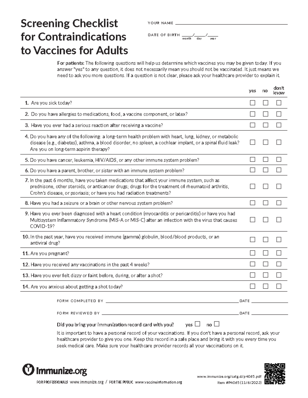 Screening for vaccine - form completed by date form reviewed by date ...