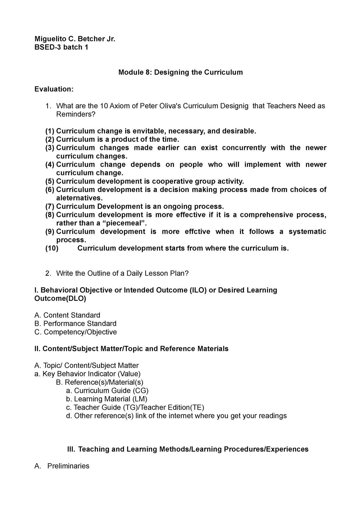 (module 8) the teacher and the school curriculum - Miguelito C. Betcher ...