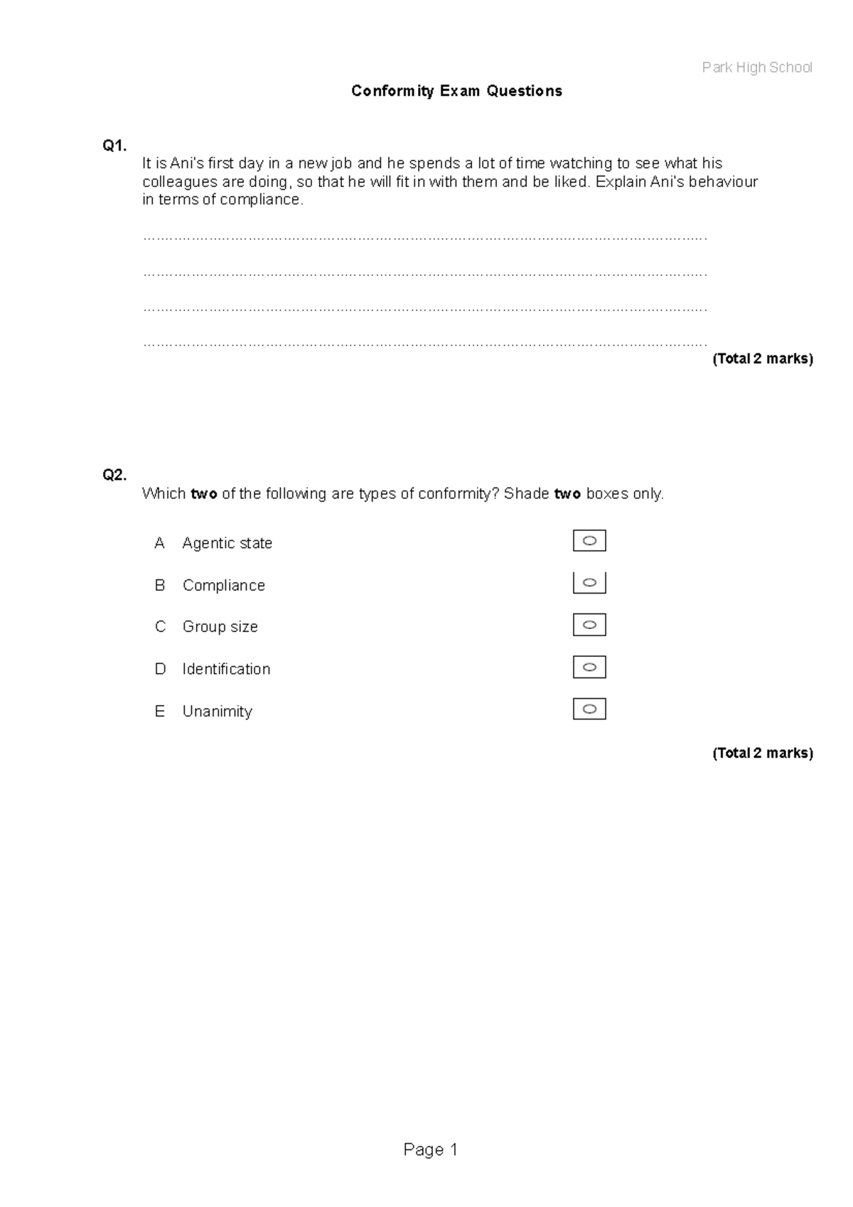 Conformity - Grade: A - Conformity Exam Questions Q1. It is Ani’s first ...