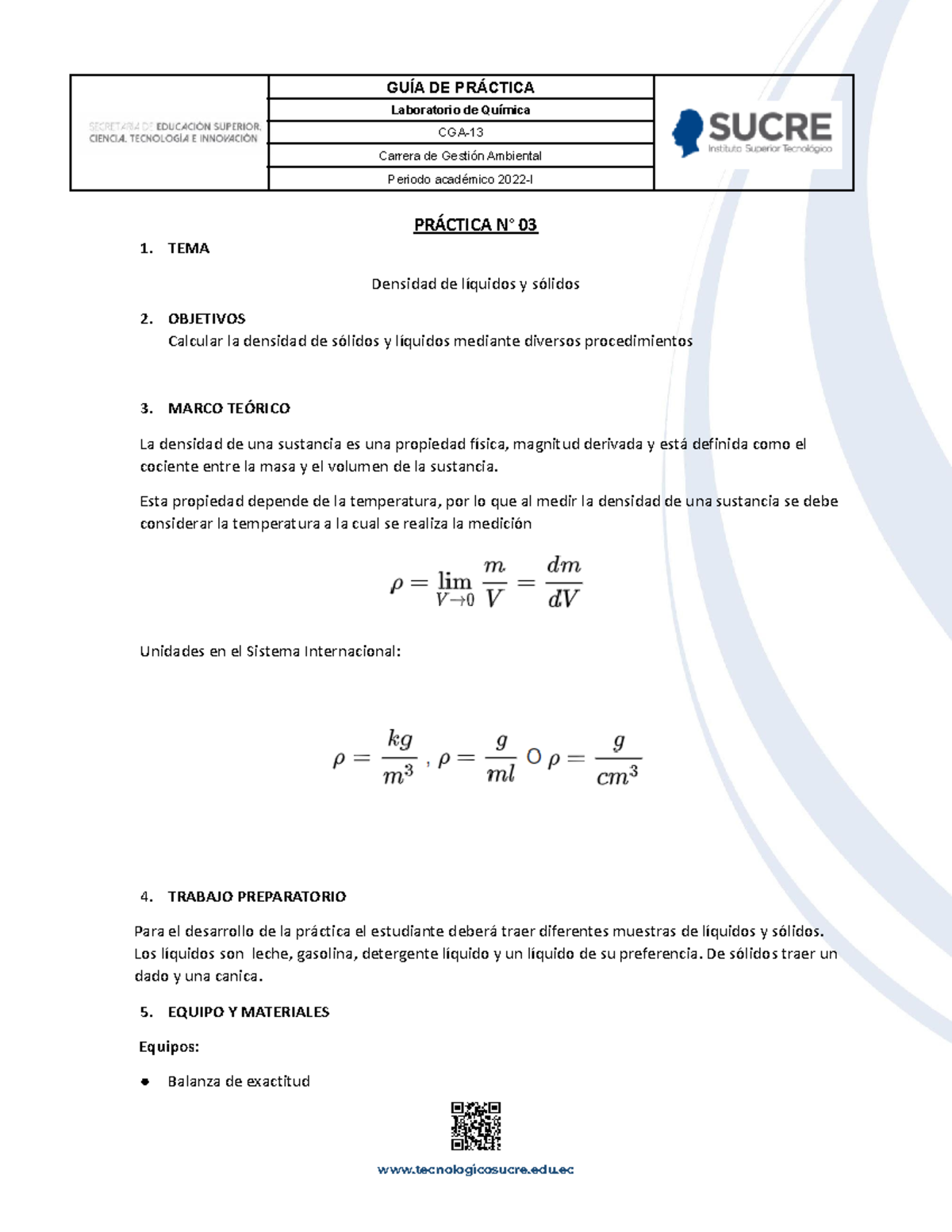 Práctica 3 Densidad Aaaa Laboratorio De Química Cga Carrera De