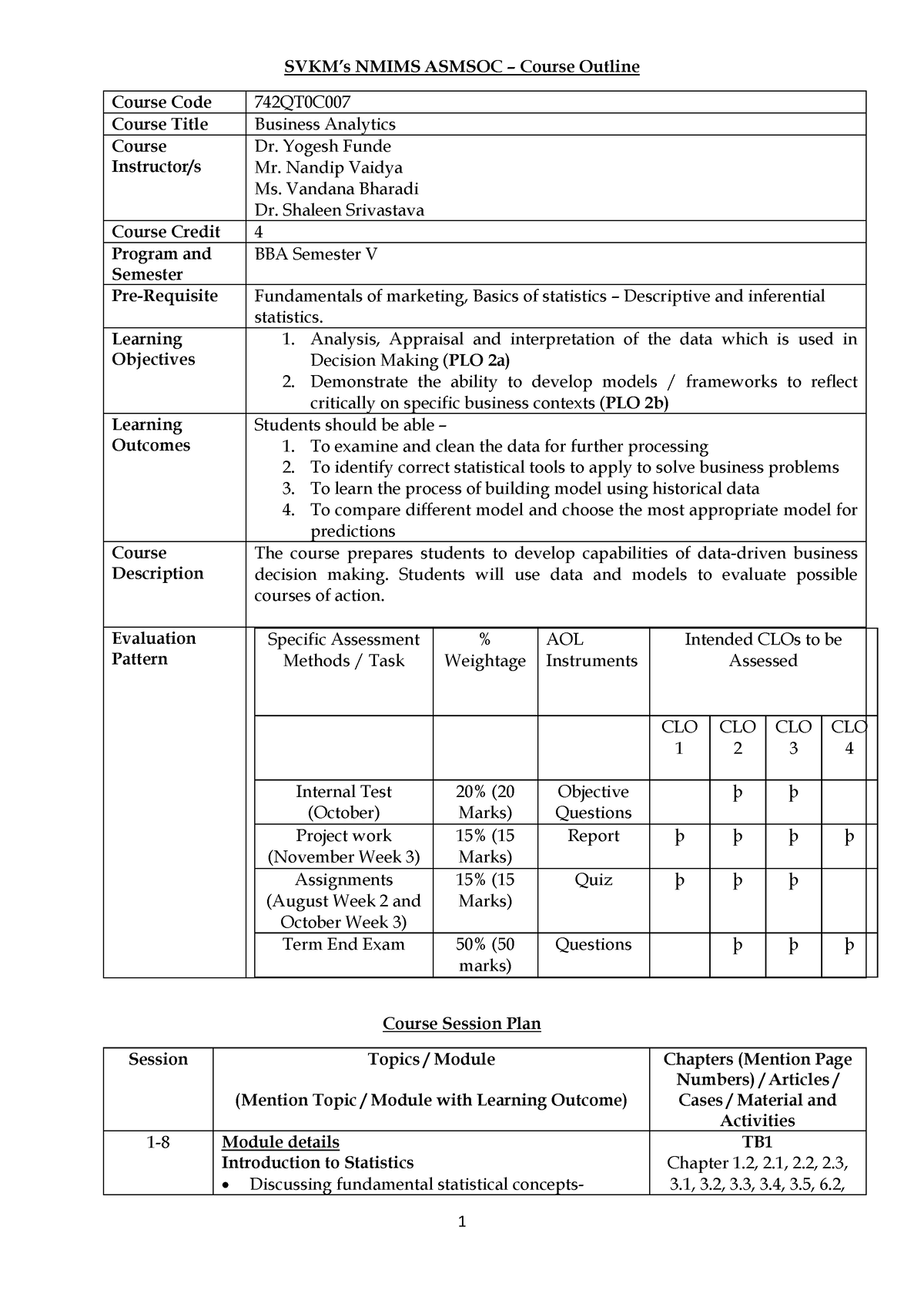 Business Analytics Bba V Course Outline - Svkm’s Nmims Asmsoc – Course 