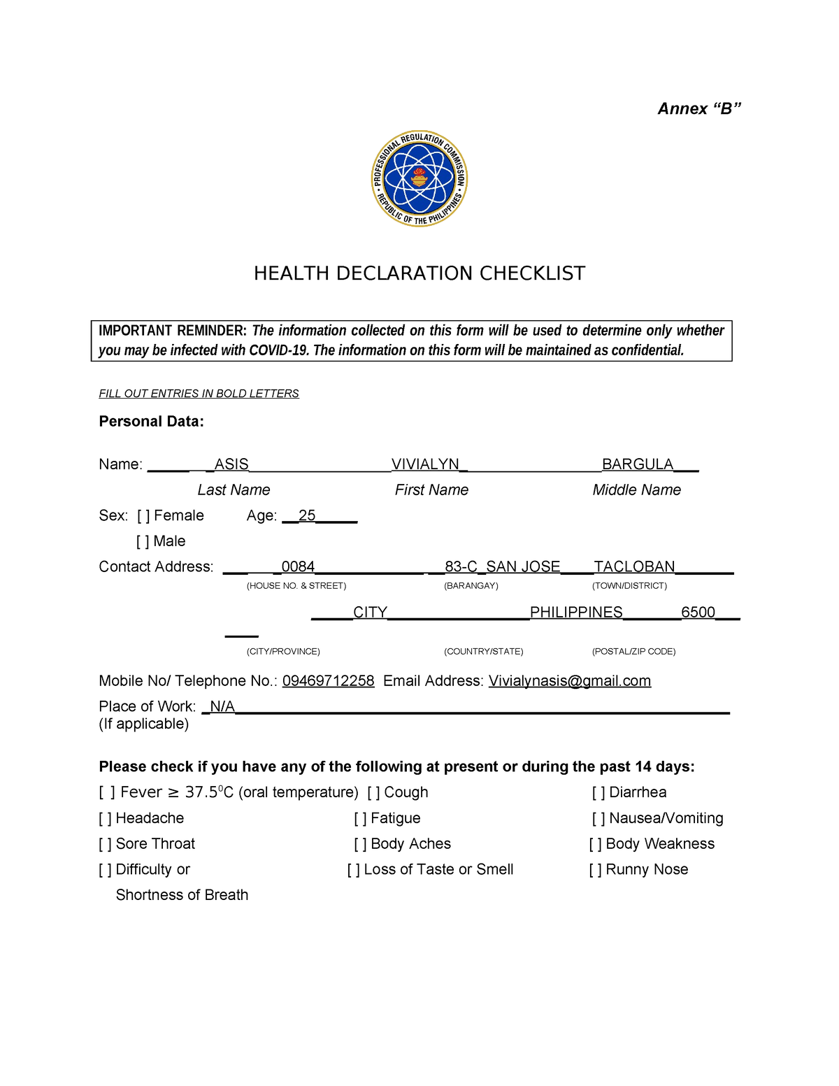 Annex B - Health Declaration Form Nov 2020 - Annex “B” HEALTH ...