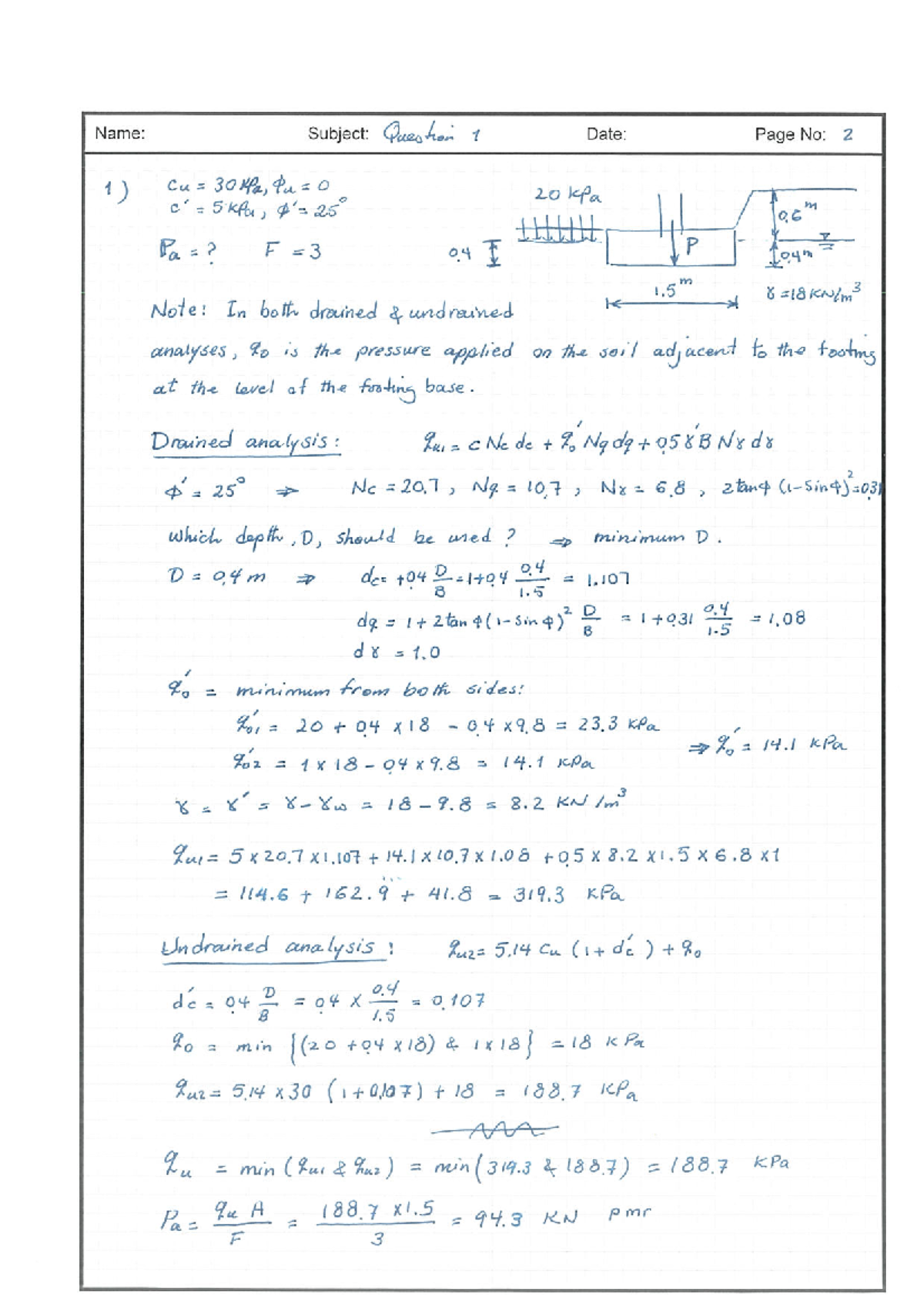 Workshop Solutions Week 7 Bearing Capacity of Shallow Foundation ...