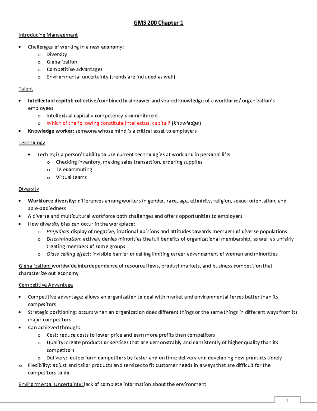 GMS 200 Chapter 1 - notes for GMS 200 - Introducing Management ...