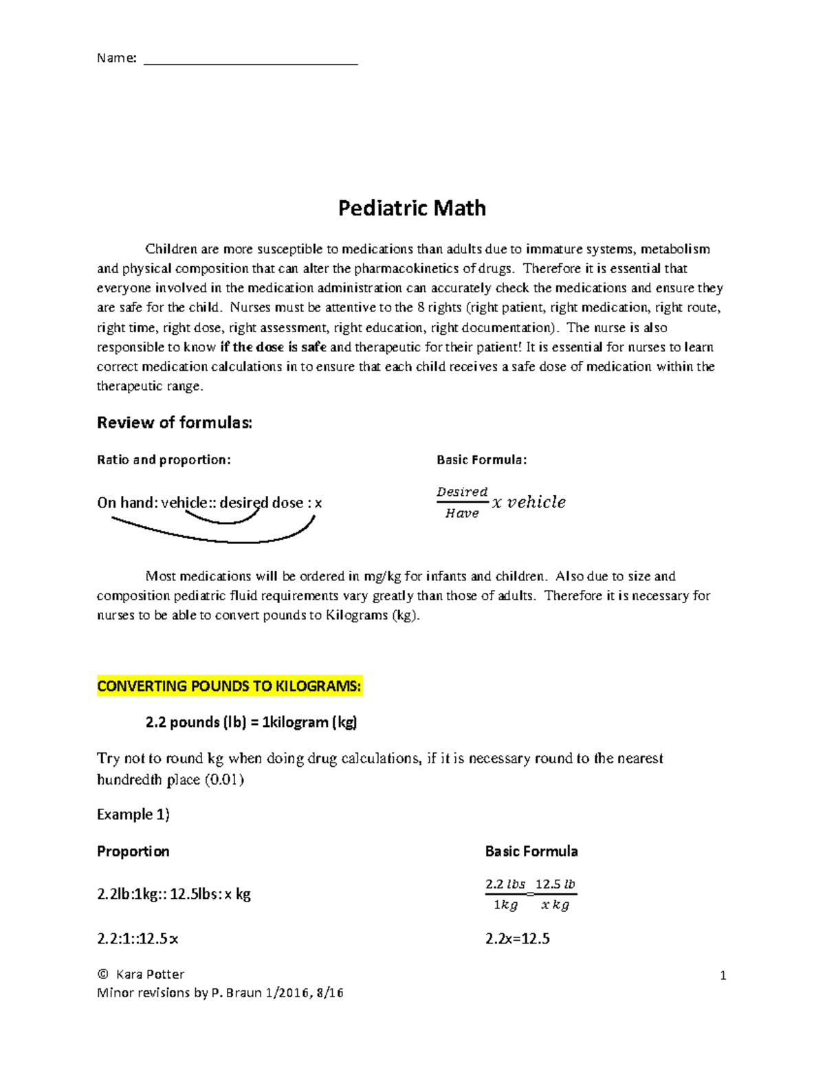 Pedi Math Packet 2016-2017-1 - © Kara Potter 1 Pediatric Math Children ...