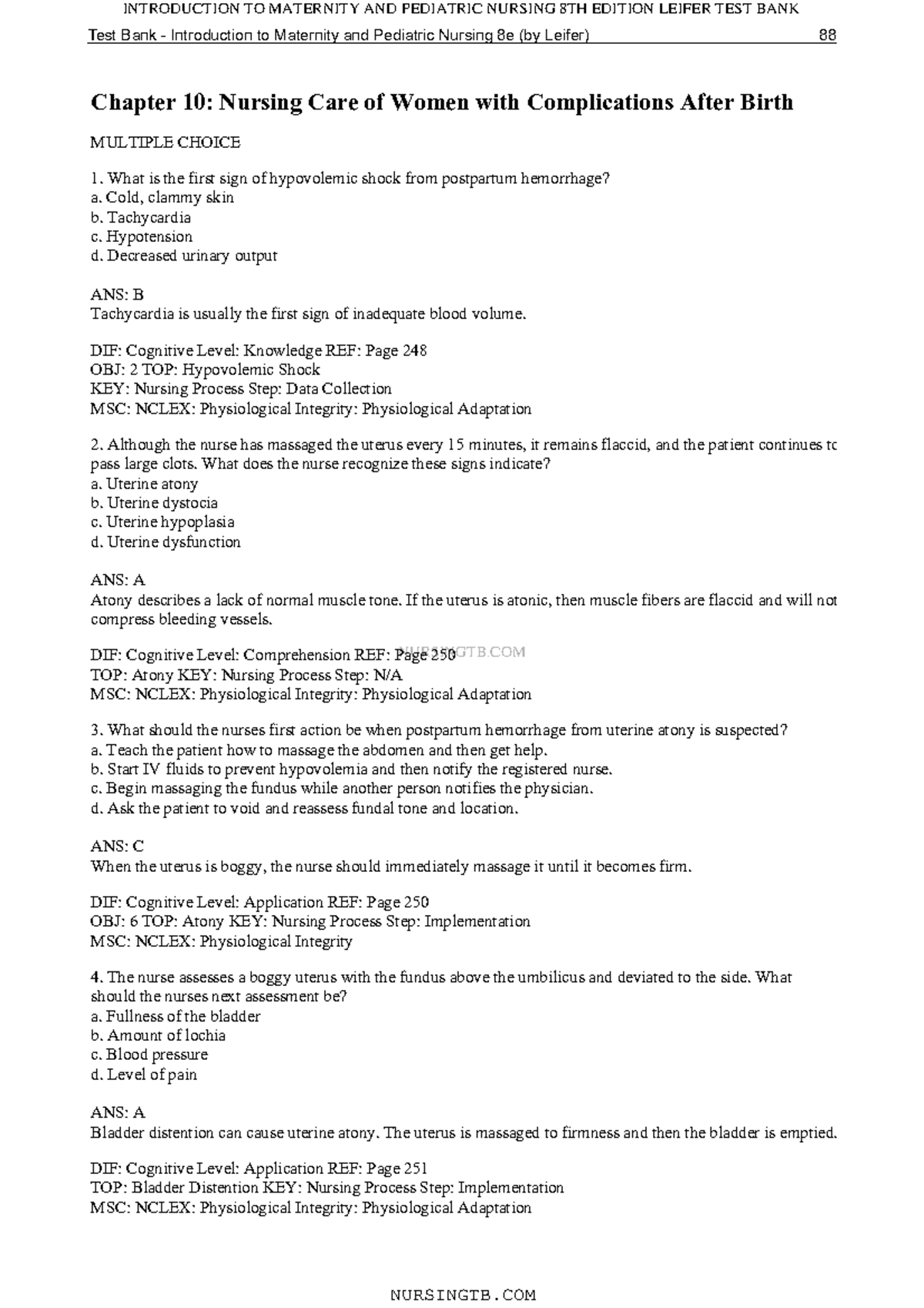 TB-Chapter 10 Nursing Care Of Women With Complications After Birth ...