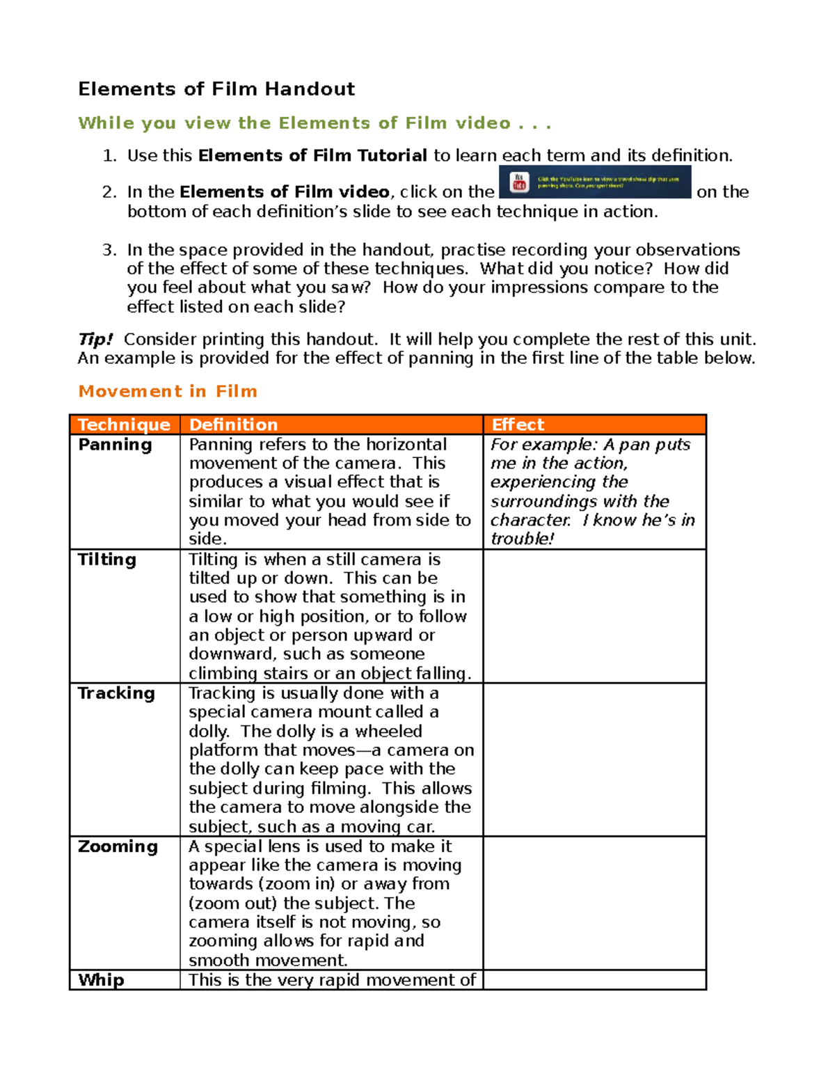 Elements of Film Handout Elements of Film Handout While you view the