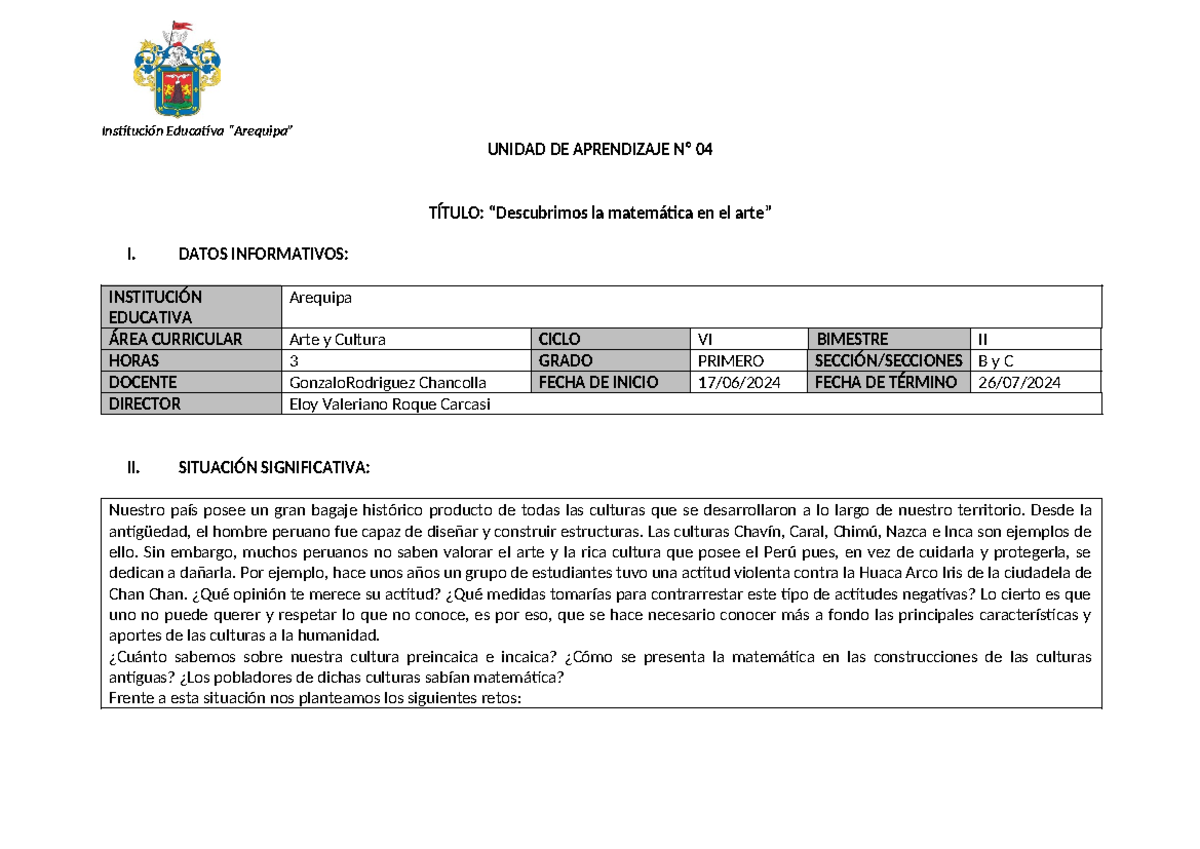 Unidad DE Aprendizaje 4 arte y cultura - Institución Educativa ...