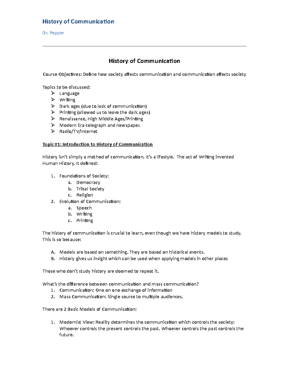 Notes H - Summary History of Communication - History of Communication ...