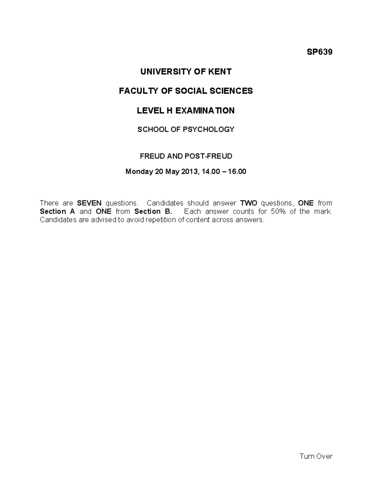 Exam 2015 Questions Turn Over SP UNIVERSITY OF KENT FACULTY OF