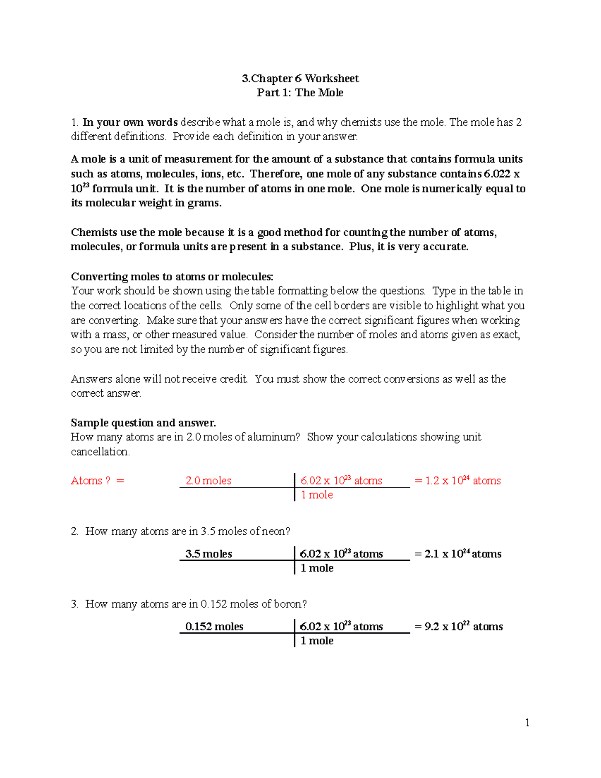 General Chemistry Chapter 6 3 6 Worksheet Part 1 The Mole In your