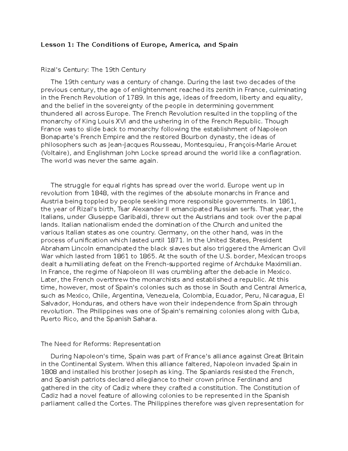 Chapter One - Rizal - Lesson 1: The Conditions of Europe, America, and ...