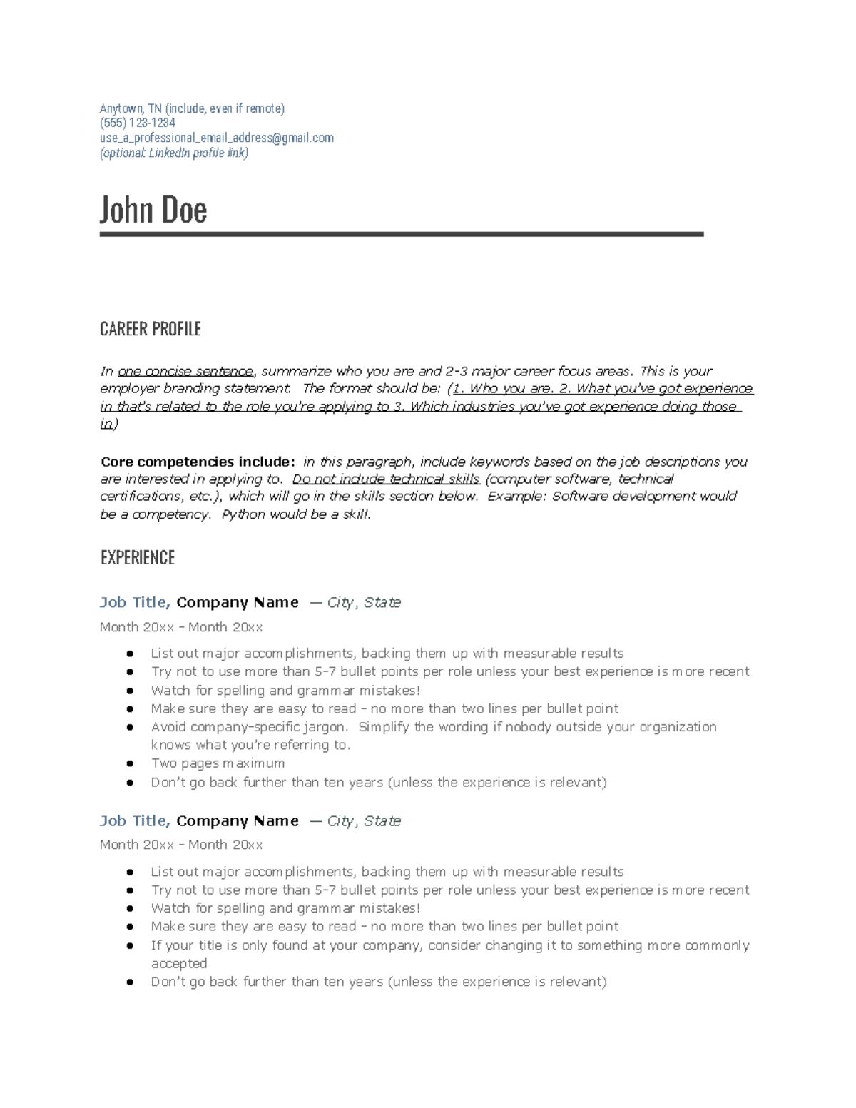 Resume Rocketfuel Template (use Google Docs to edit) Anytown, TN