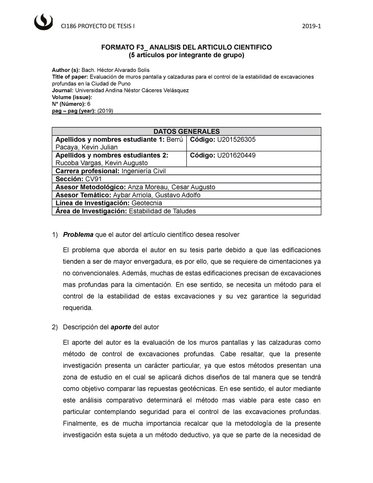 Formato F3 Análisis Artículo Científico N°6 - CI186 PROYECTO DE TESIS I  2019- FORMATO F3_ ANALISIS - Studocu