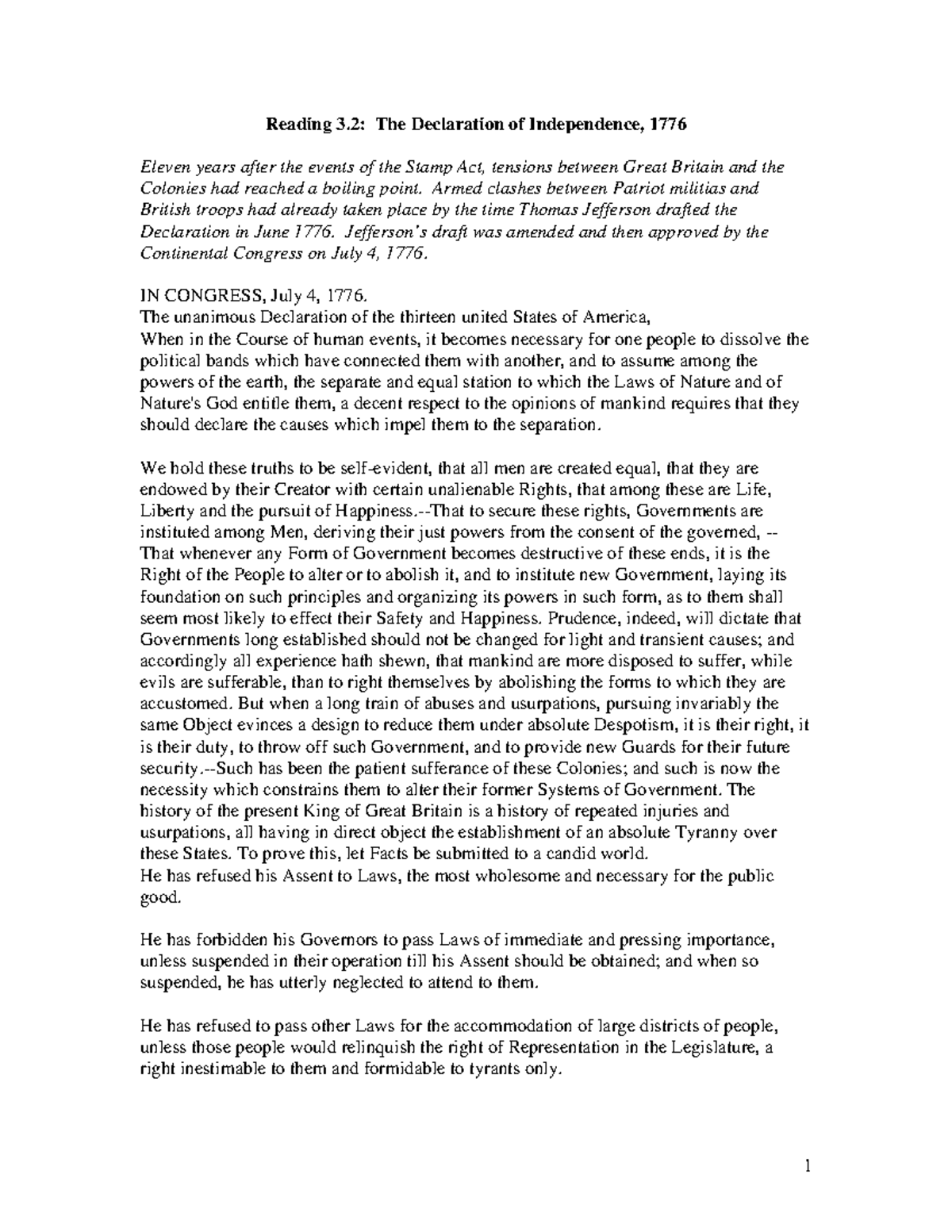 Reading 3 Reading 3 The Declaration of Independence, 1776 Eleven