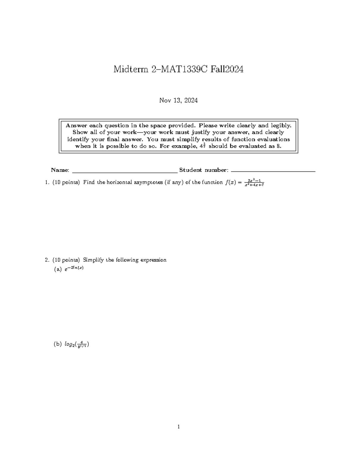 Midterm 2 - mid term - Midterm 2–MAT1339C Fall Nov 13, 2024 Answer each ...