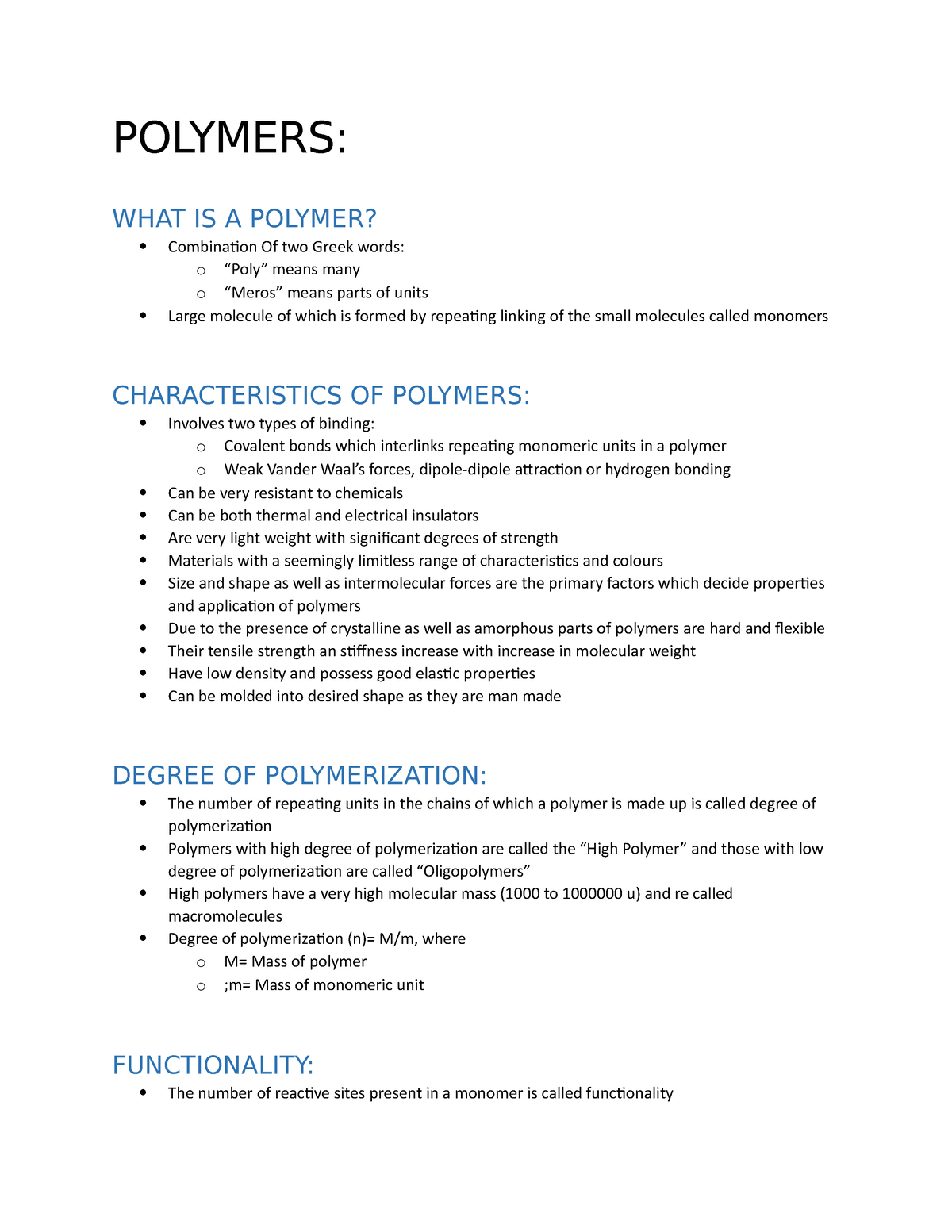 Polymers Notes - Engineering Chemistry - POLYMERS: WHAT IS A POLYMER ...