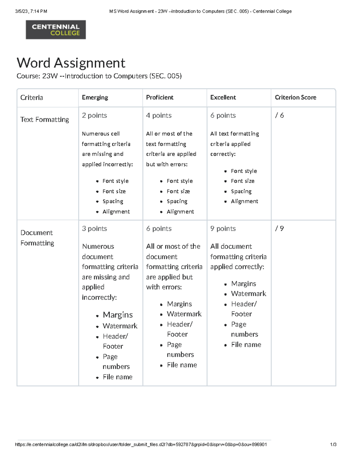 MS Word Assignment - 23W -Introduction to Computers (SEC. 005 ...