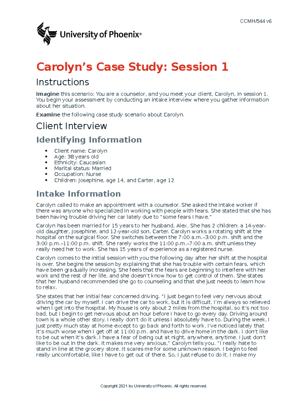Caroyln's case study session 1 - CCMH/544 v Carolyn’s Case Study ...