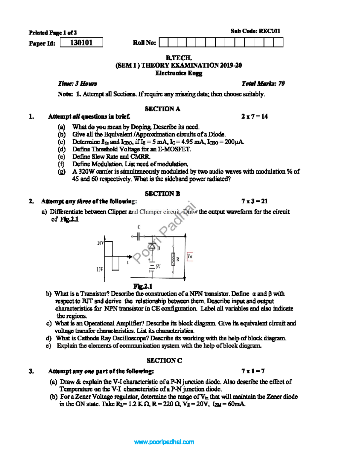 Electronics Engg REC101 - Printed Page 1 of 2 Sub Code: REC101 Paper Id ...