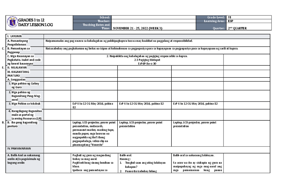 DLL ESP 6 Q2 W3 - TGHNGFC - GRADES 1 to 12 DAILY LESSON LOG School ...