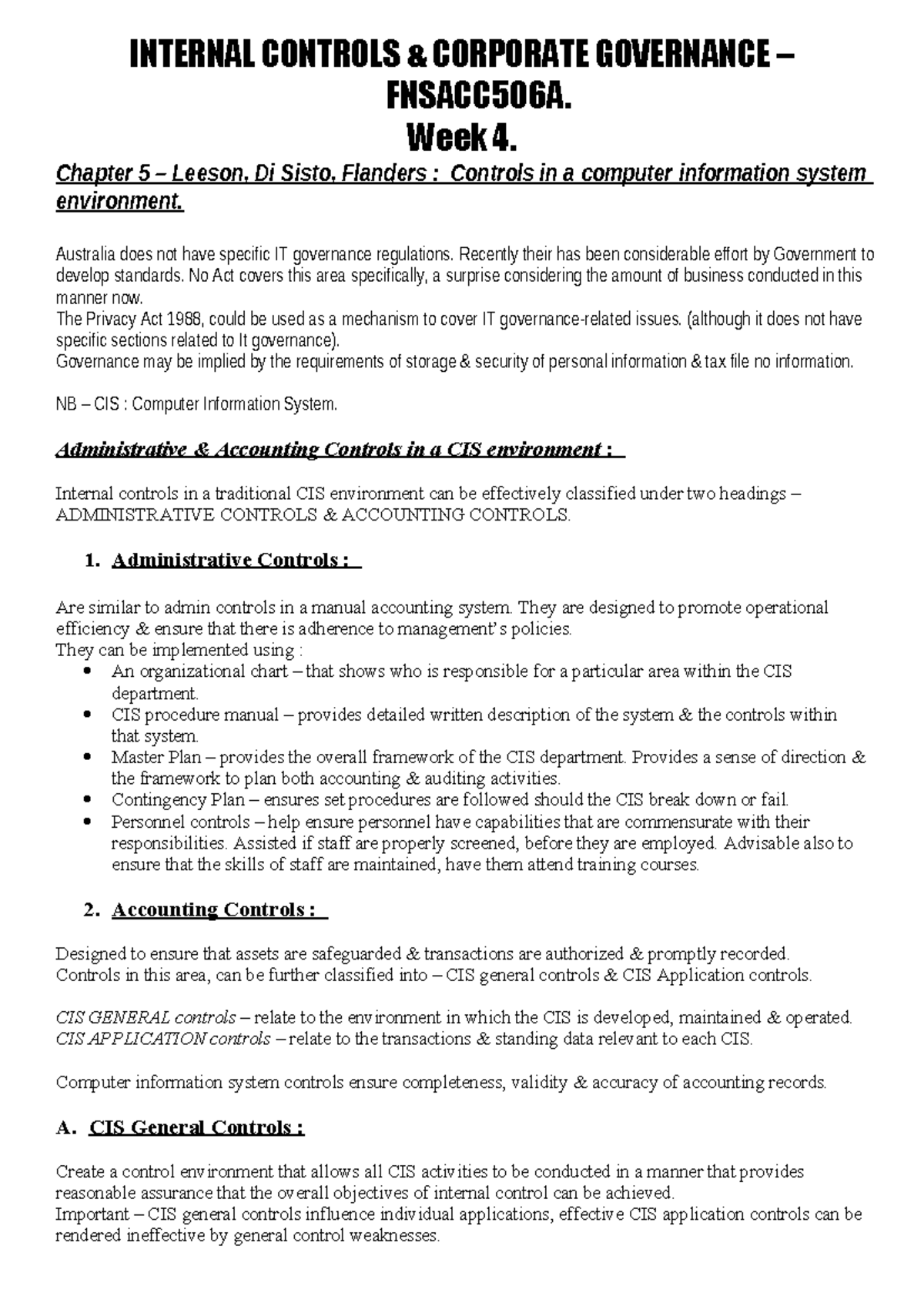 Int Cont notes - Chap 5 - INTERNAL CONTROLS & CORPORATE GOVERNANCE ...