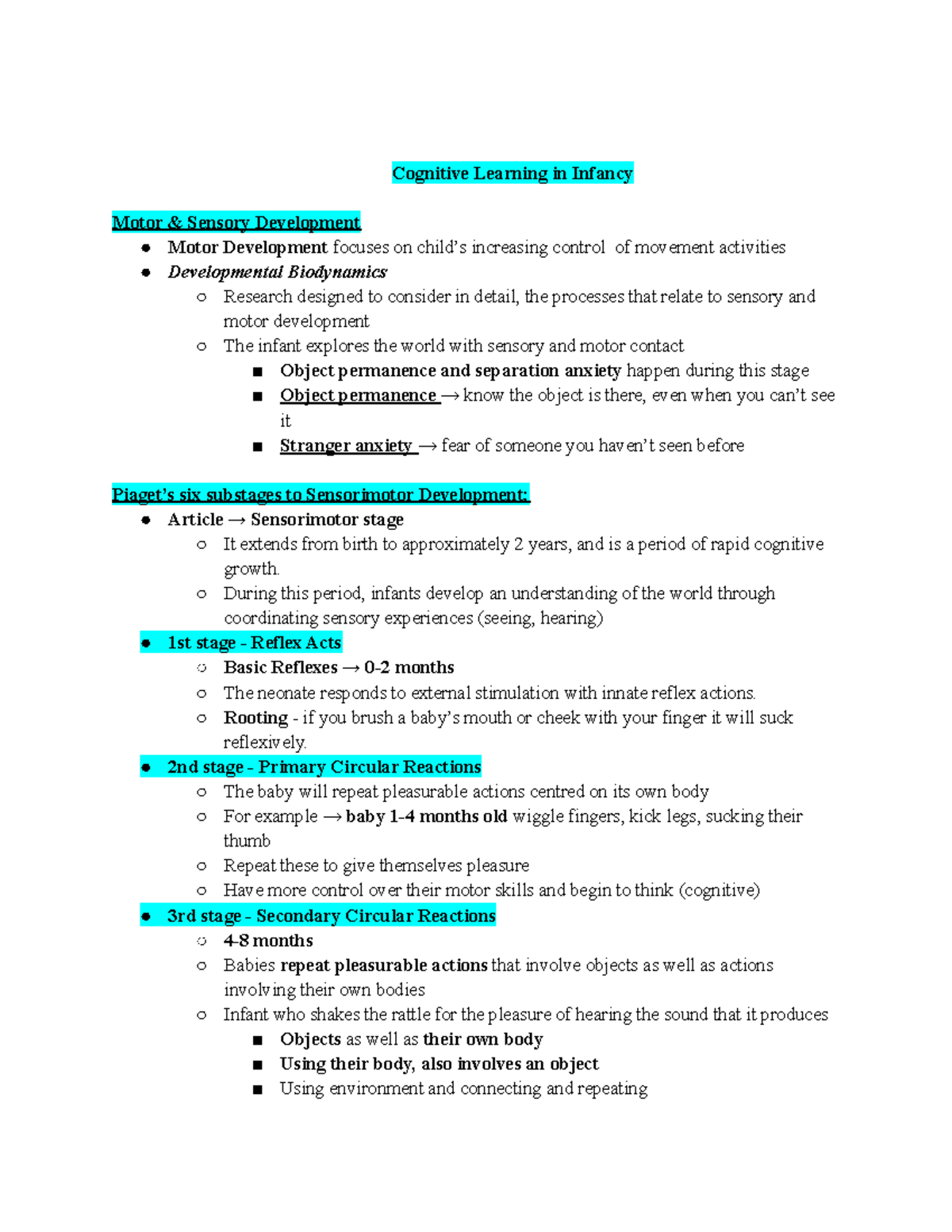 Child Dev Chpt 13 Notes Cognitive Learning in Infancy Motor