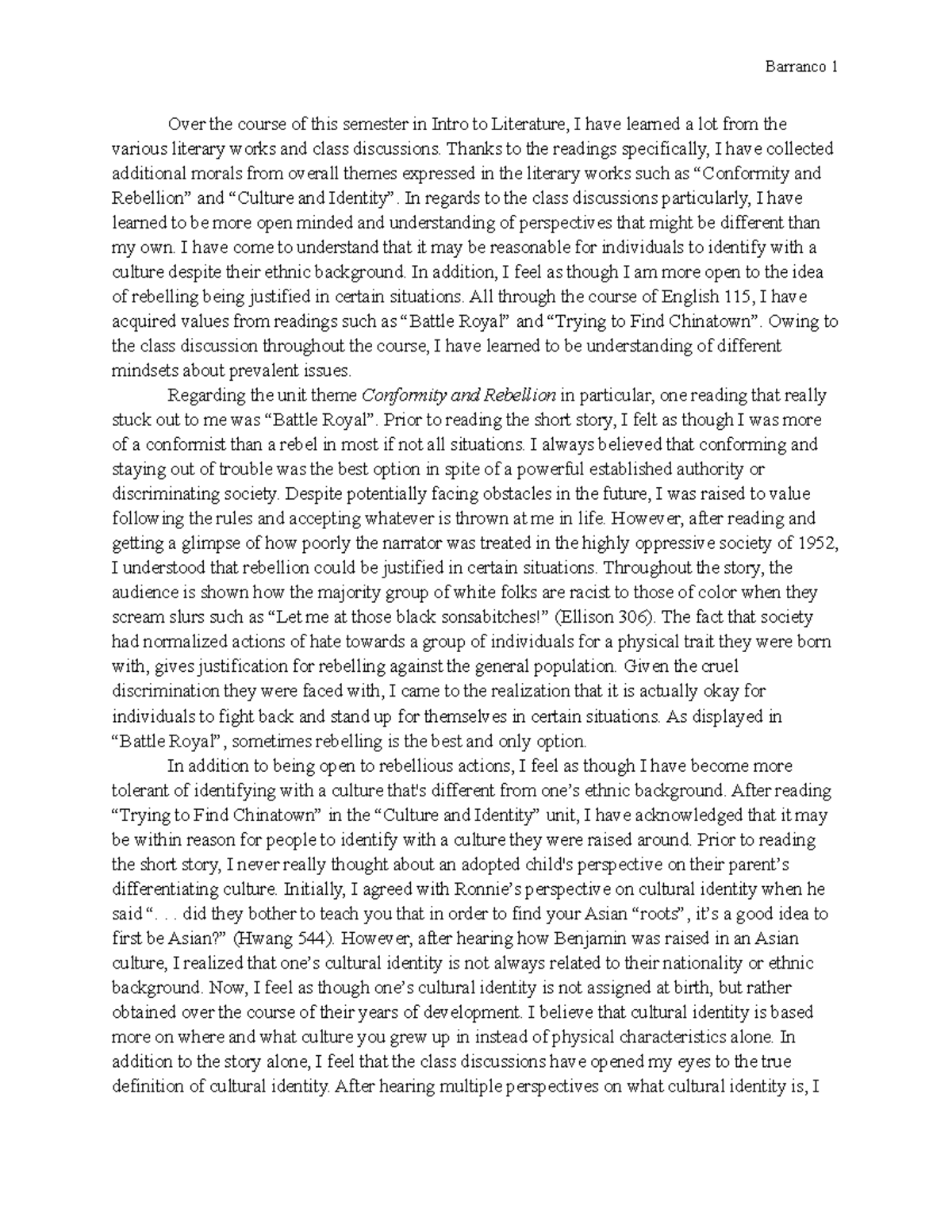 ENG115 - Paper #2 - Barranco 1 Over the course of this semester in ...