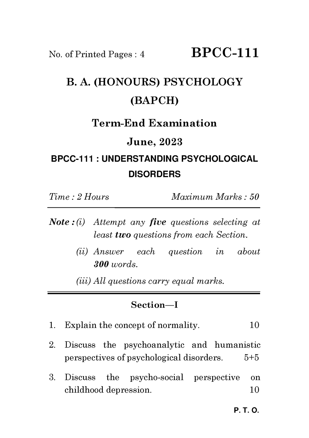 BPCC-111 - P. T. O. No. Of Printed Pages : 4 BPCC- B. A. (HONOURS ...