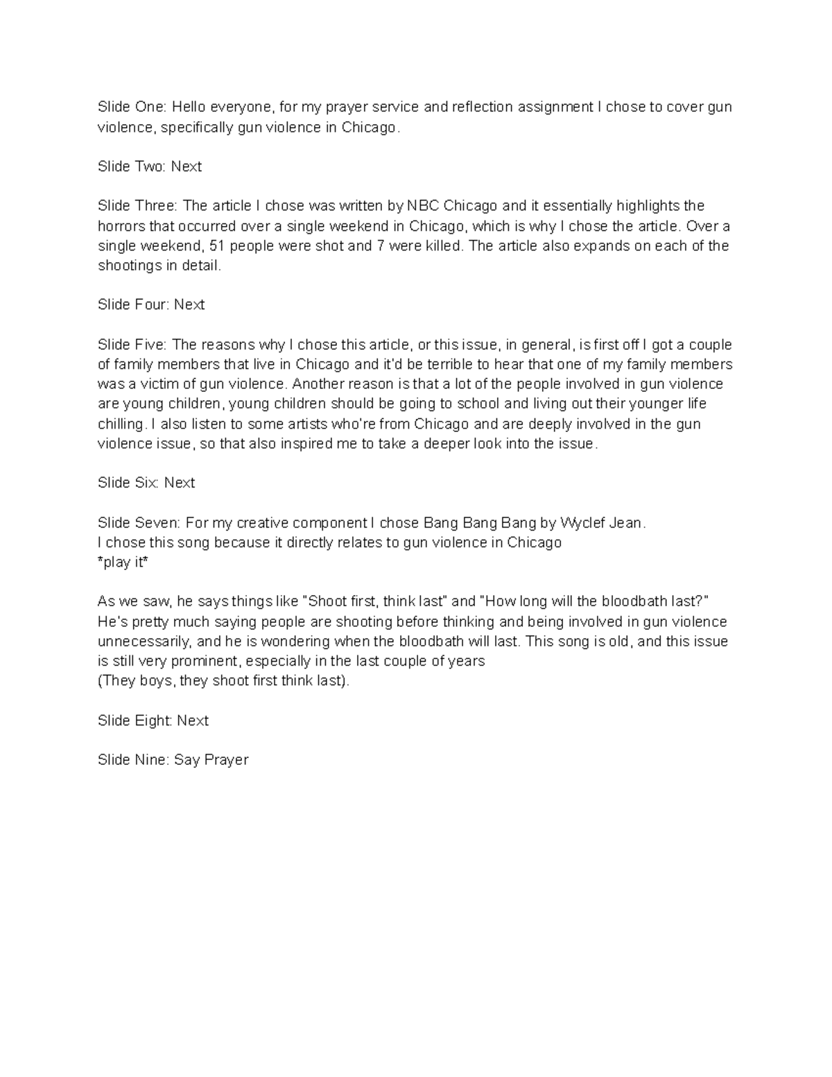 Script for religion - Slide One: Hello everyone, for my prayer service ...