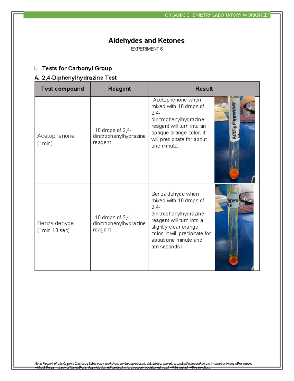 experiment related to aldehydes and ketones