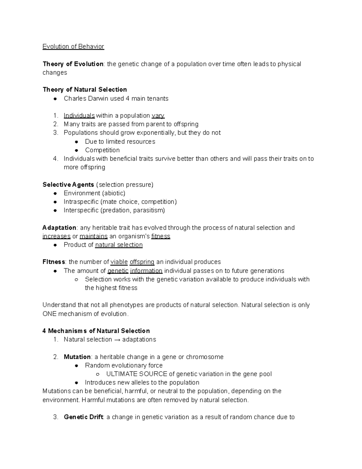 Chapter 2 (Ecology) - Evolution of Behavior Theory of Evolution: the ...