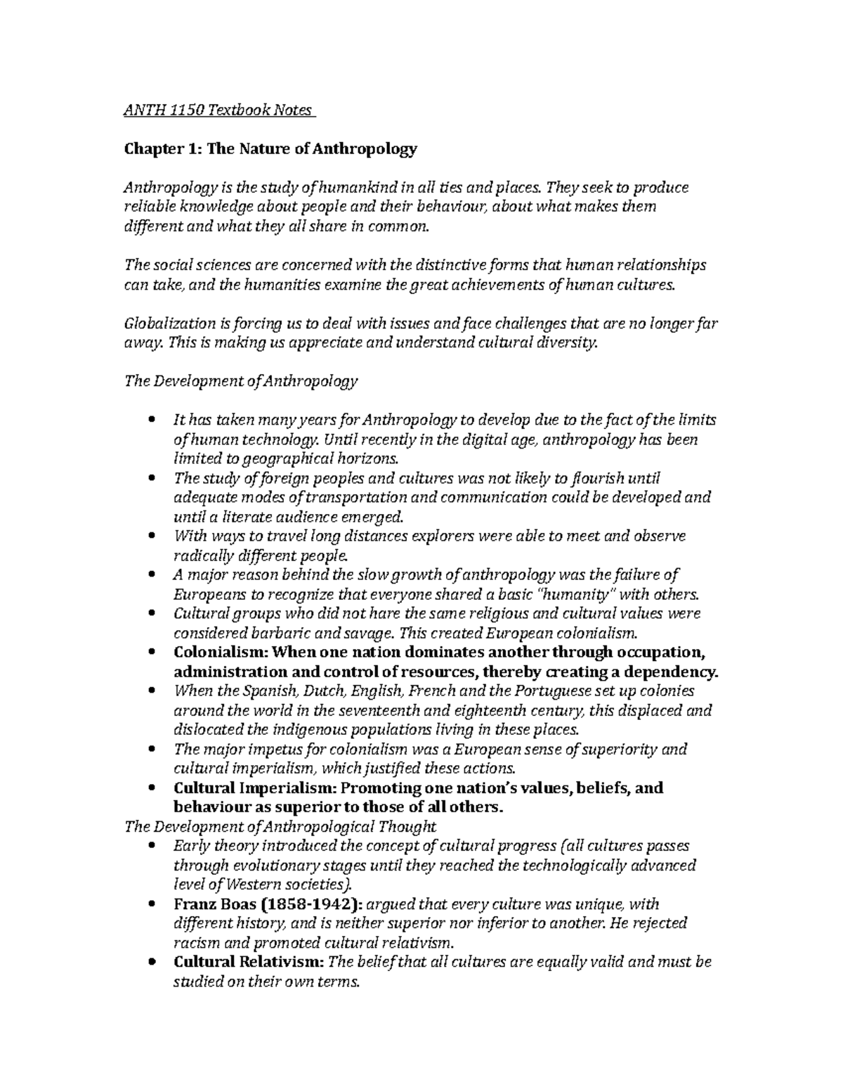 ANTH 1150 Textbook Final notes - ANTH 1150 Textbook Notes Chapter 1 ...