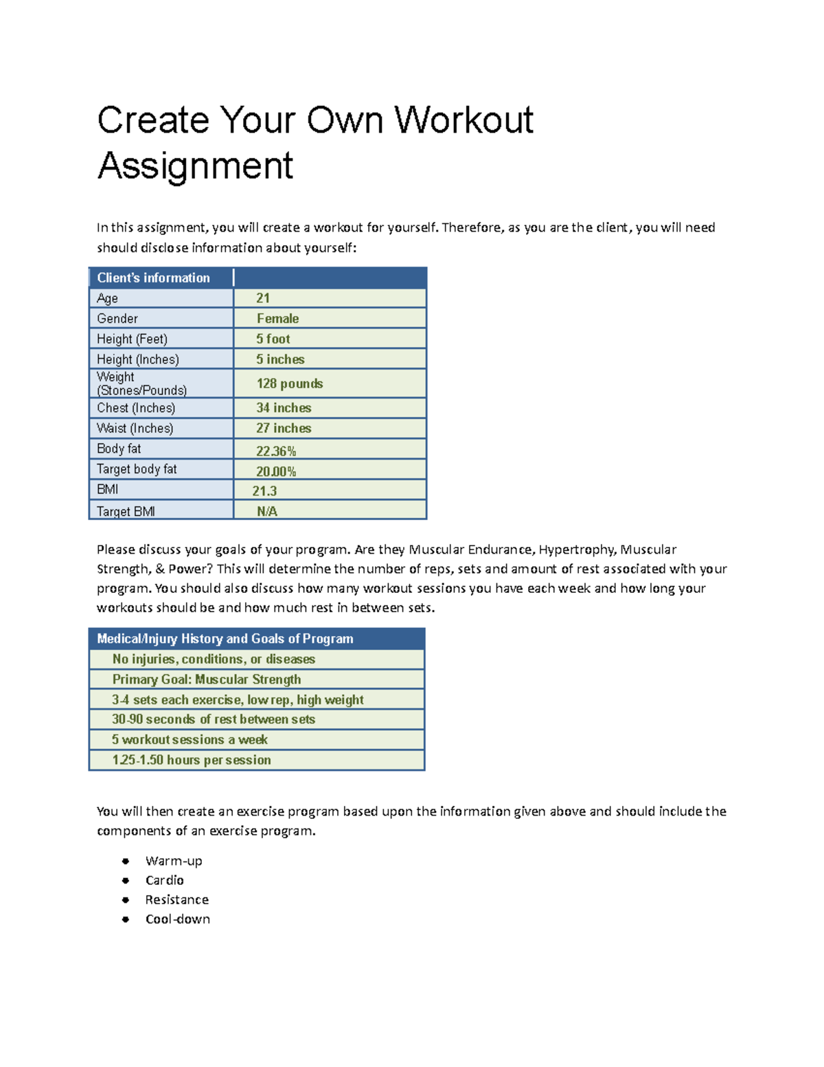 create your own workout assignment